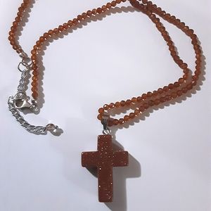 HESSONITE GARNET/GOLD SANDSTONE CROSS NECKLACE